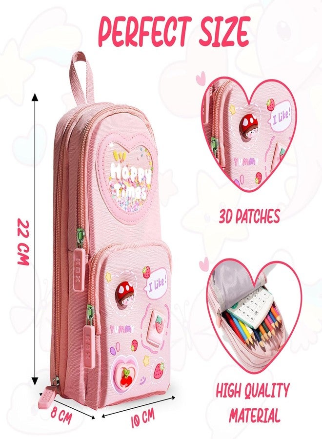 SKYWORK Canvas School Bag Pencil Case, 3 Layer 6 Compartment Large Capacity, Aesthetic Pencil Pouch for Stationary, Cute Stationery for Kids, Pencil Case for Girls & Boys, Gift for Children (Pink) - Image 2